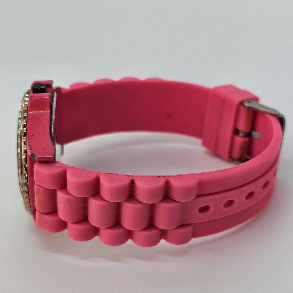 40MM Women's Watch Pink Dial Crystal Bezel Pink Plastic Band Straps‎ New Battery